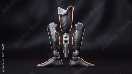 Prosthetic legs stand arranged on a dark surface to showcase advanced bionic engineering and modern medical mobility solutions.