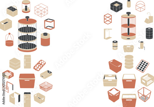 Collection of various office and storage containers including boxes drawers baskets jars and organizers in neutral tones suitable for organizing supplies and household items in a modern setting