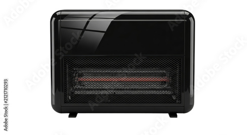 Electric heater showcases a glossy black glass panel and glowing red heating elements for cozy warmth.