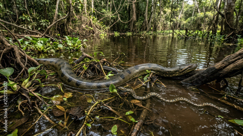 Large Anaconda Snake Submerged in Lush Amazon Rainforest Waterway.