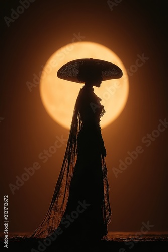 Silhouette of a woman in a flowing gown under a golden moon