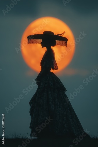 Silhouette of a woman in a lace hat against a hazy moon