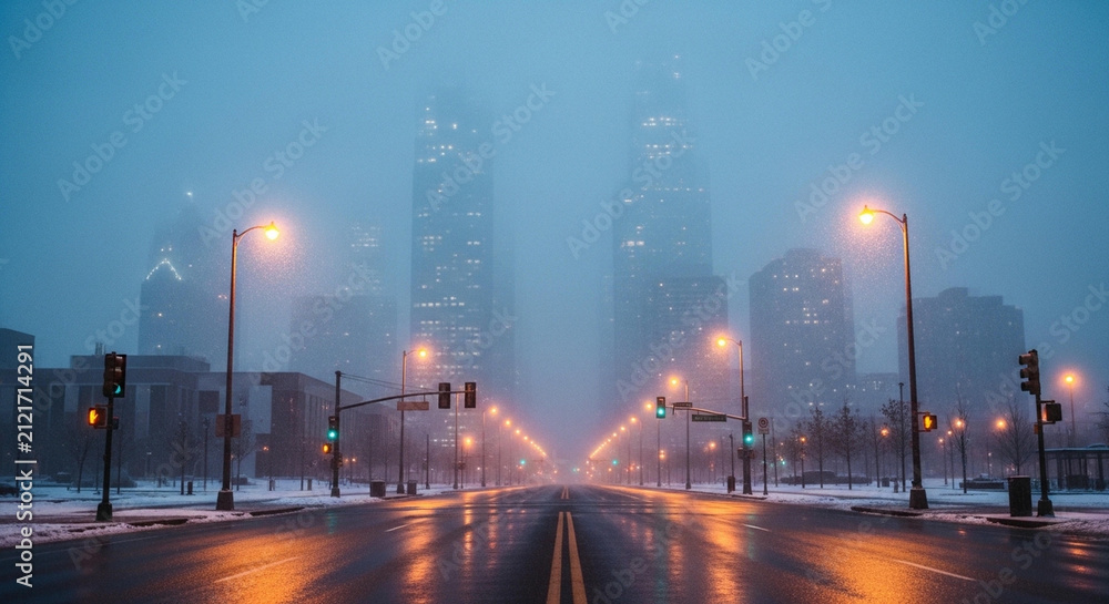 Obraz premium Atmospheric City Street in Dense Fog with Glowing Streetlights and Tall Skyscrapers at Dusk