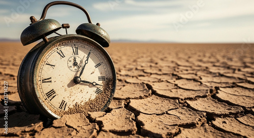 Vintage Alarm Clock Sinking Into Cracked Arid Desert Earth Representing Climate Change and Environmental Crisis Concept
