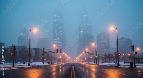 Atmospheric City Street in Dense Fog with Glowing Streetlights and Tall Skyscrapers at Dusk