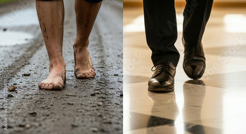 Contrast of barefoot walking on a muddy road and polished shoes on tile floor representing career success