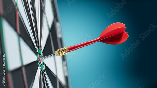 Target objective success concept. Target goal dart bullseye growth aim. Red dart hit a target. 3d illustration.