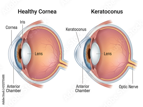 Comparison of healthy cornea and keratoconus eye diagram isolated on white background
