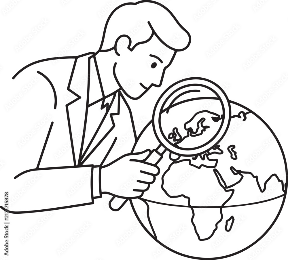 Fototapeta premium Businessman looking at globe using magnifying glasses.