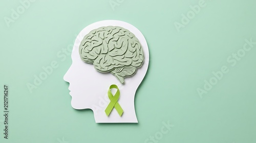 Human head profile with a brain and a light green mental health awareness ribbon