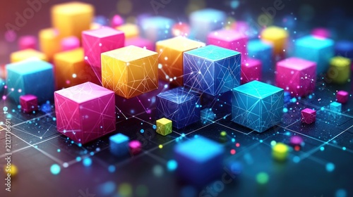 Colorful cubes scatter on a dark grid glowing with energy and light