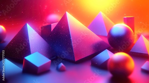 Pyramids spheres and cubes shine brilliantly in a dreamy neon setting