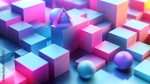 Bright cubes and spheres playfully interact in a futuristic setting filled with color