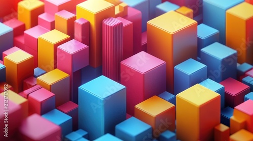 Brightly colored blocks in various sizes form a playful and modern urban scene