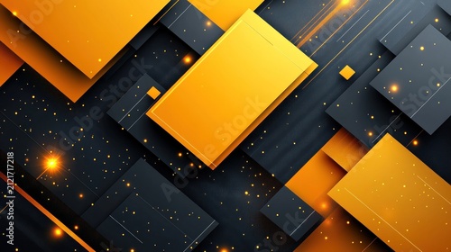 Bright squares and rectangles in gold and black create a dynamic and vibrant atmosphere