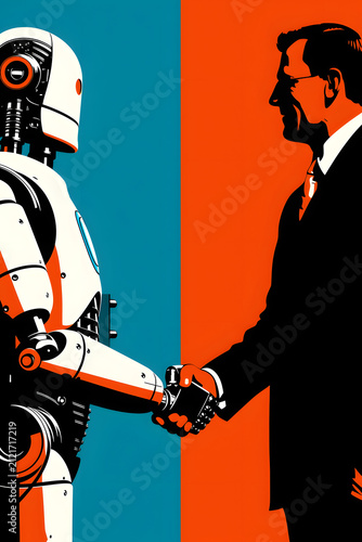 人とAIロボットが固い握手を交わす共生と協働を描いたポスタリゼーション風グラフィックイラスト素材