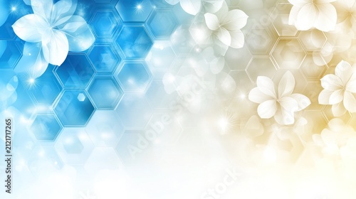 Soft white flowers blend with blue and gold hues evoking a calming spring vibe