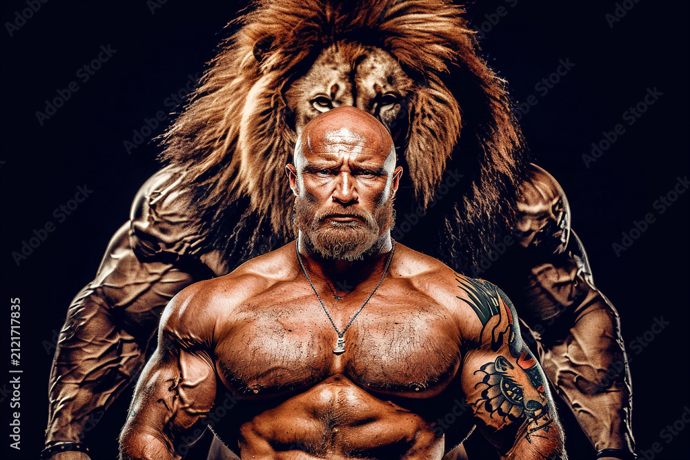 Fototapeta premium Powerful Tattooed Man Standing Before Fantasy Lion