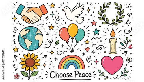 hoose Peace Hand Drawn Doodle Collection with Dove, Earth, Heart and Unity Symbols
