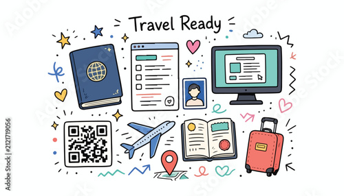 Travel Ready Hand Drawn Doodle Collection with Passport, Visa, Boarding Pass and Travel Documents
