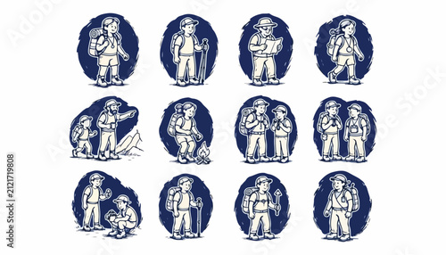 Vintage Medieval People Engraving Icon Set with Historical Characters and Renaissance Illustrations
