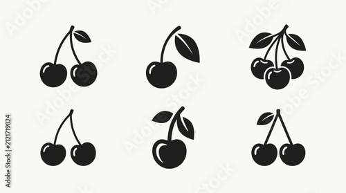 Quadro su tela Cherry Silhouettes Black Fruit Icons On A White Background
