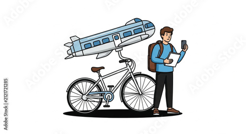 Cartoon Airplane and Bicycle Illustration - Flat Design for Travel and Transportation Concepts