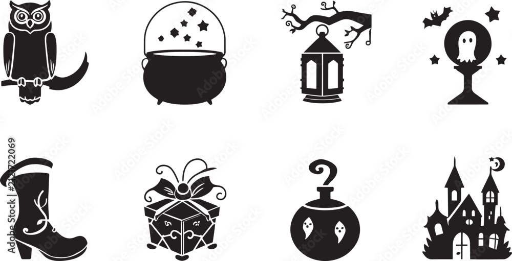 Naklejka premium Black and white cute halloween magic elements set spooky icons vector background pattern