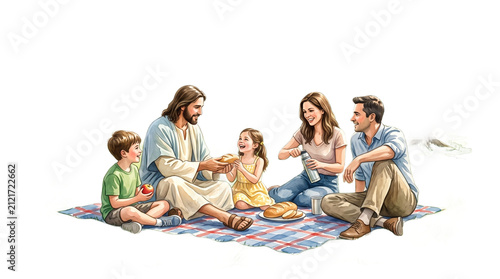Warm watercolor painting of Jesus Christ sitting on a blanket outdoors sharing food and bread with a happy family.