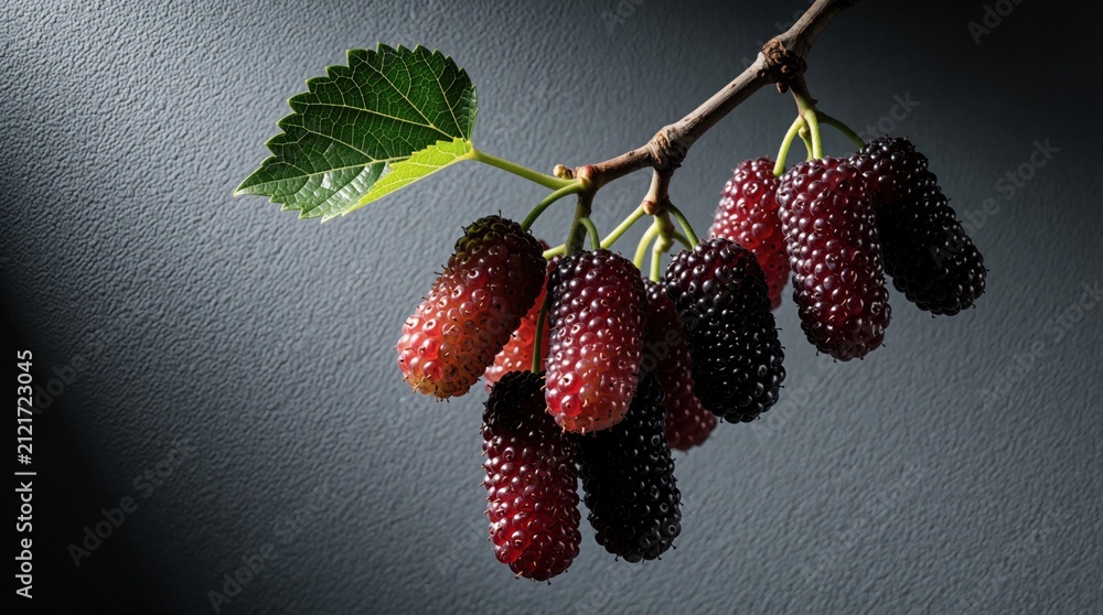 Obraz premium Red and black mulberries hang on a branch with a green leaf against a textured gray background. The fruit cluster looks fresh and ripe, ready for picking.