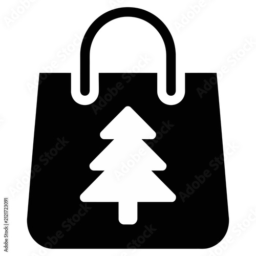 Minimalist black shopping bag with christmas tree vector icon for holiday retail sales design