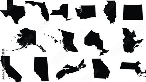 North American states and provinces map silhouette vector set featuring US and Canadian regional borders.