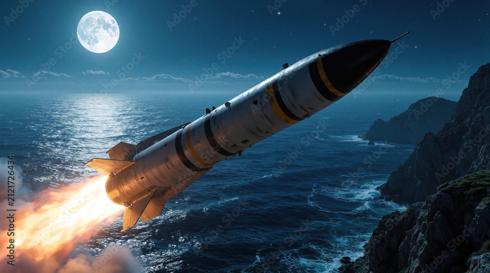 Obraz premium Missile launches over dark ocean waves under full moon and starry sky. Rocky coastlines visible as fiery exhaust propels projectile forward.
