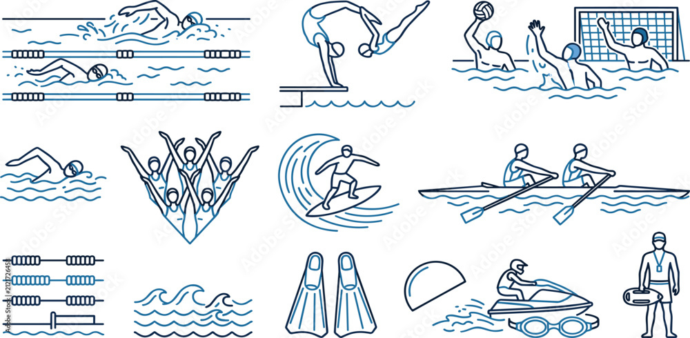 Fototapeta premium Water Sports and Aquatic Activities Icon Set Featuring Swimming Diving Surfing Rowing Lifeguard and Recreation Symbols