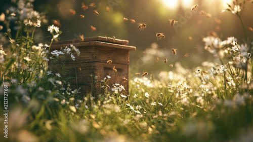 Honey bees flying around a beehive in a flowering meadow, pollination ecosystem, beekeeping activity, biodiversity conservation and honey production concept
