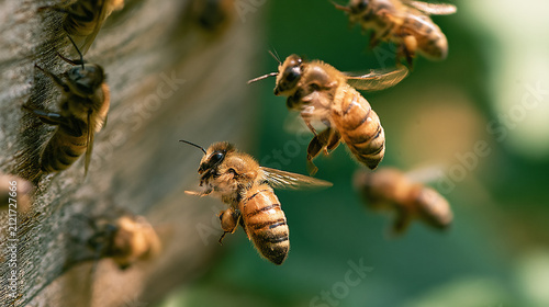 Honey bees flying around a beehive in a flowering meadow, pollination ecosystem, beekeeping activity, biodiversity conservation and honey production concept