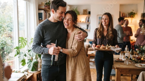 Happy young couple embracing while friends gather for a festive dinner party in a cozy home interior