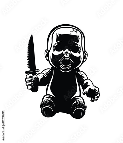 Scary Evil Doll Holding Knife Vector Horror Illustration in Black Color with White Background.