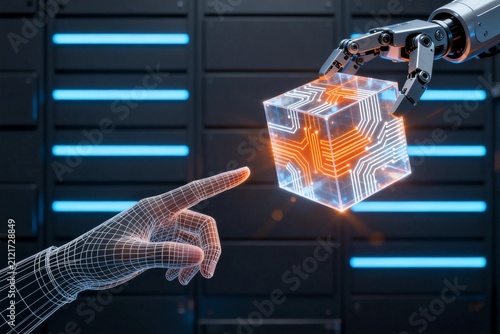 Futuristic Robot Hand Holding Digital Cube with Circuit Pattern