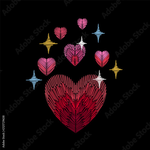 Pink red hearts sparkles embroidery pattern. Romantic love wedding needlework style. Clothing towel bag cover print design. Black background hand-stitched vector art.