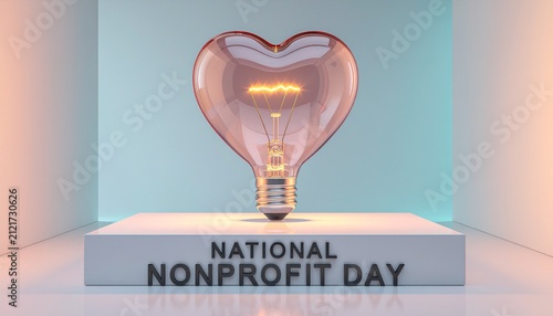 Heart shaped glass light bulb with glowing golden filament standing on a white pedestal podium, 3d conceptual illustration with text greeting for national nonprofit day banner.