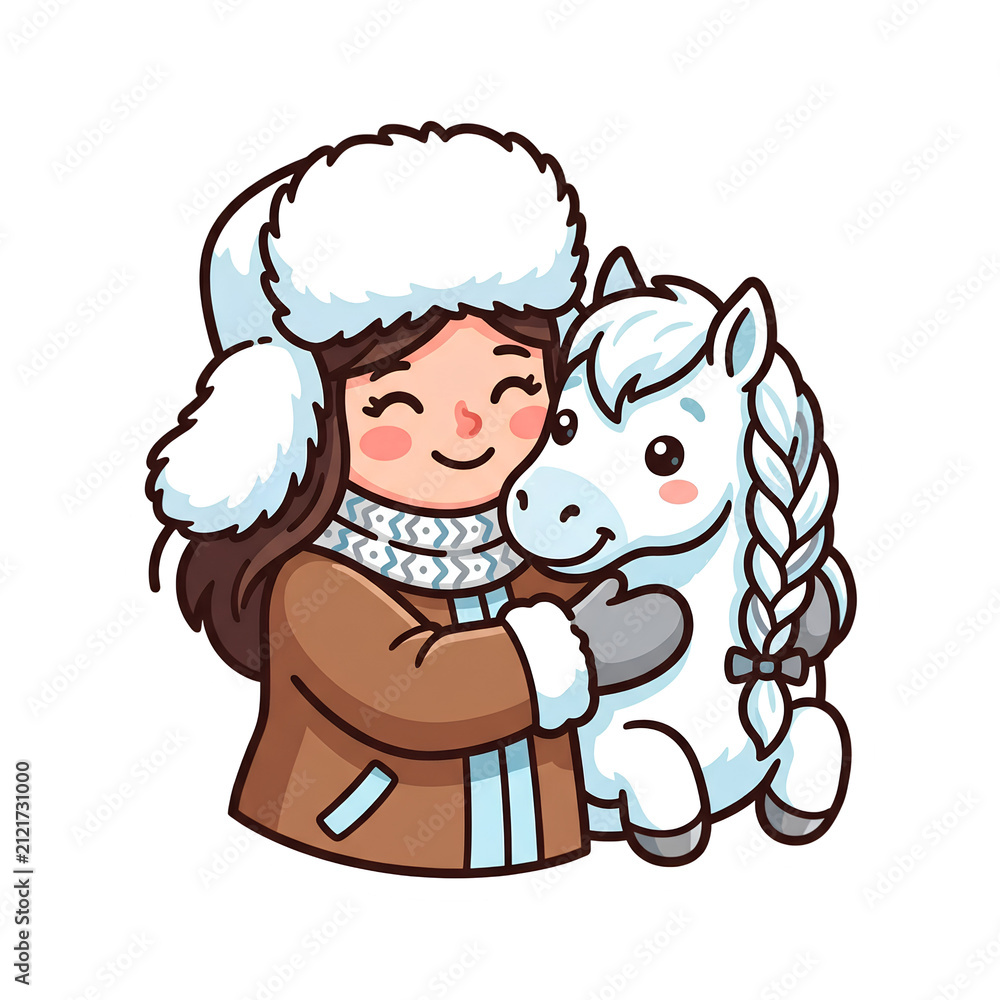 Fototapeta premium Cute Russian Woman in Ushanka Hat Hugging White Horse
