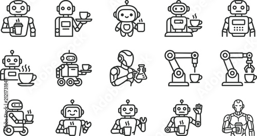 Set of Various Robot Icons Serving Coffee and Drinks.