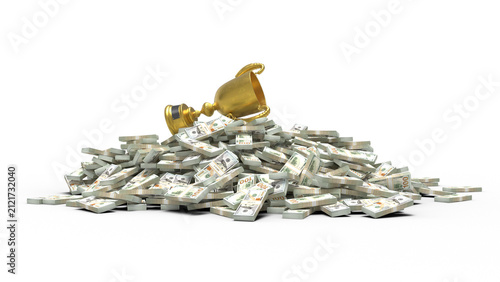 Foto Golden trophy lying on top of a massive pile of us dollar banknotes