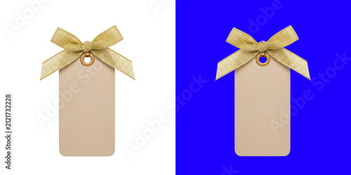 Blank cardboard price tag decorated with a shiny gold glitter ribbon bow transparent png