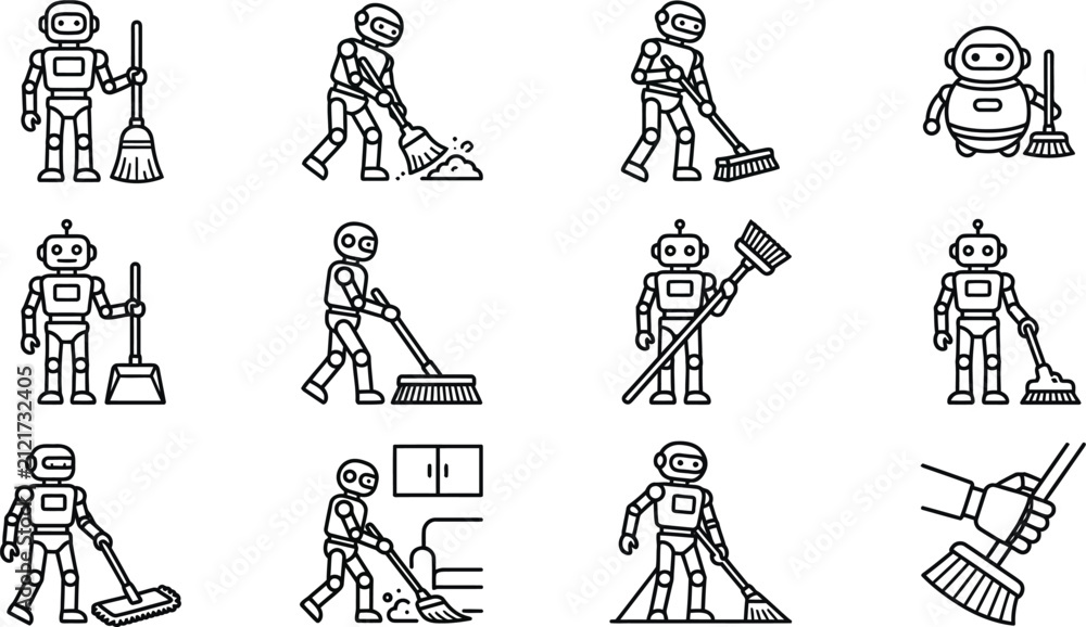 Fototapeta premium Vector Icon Set of Robots Performing Various Cleaning Tasks with Brooms and Brushes.