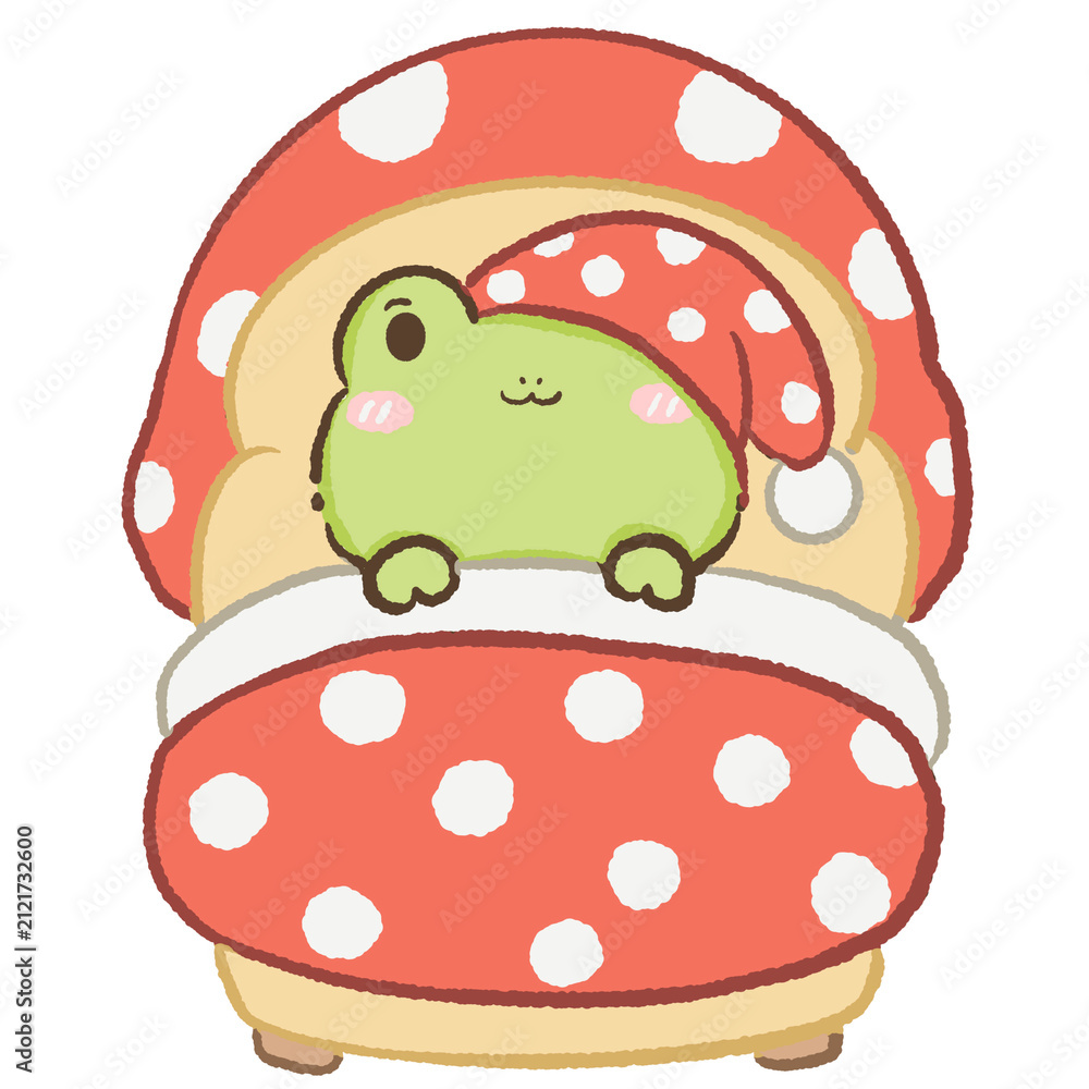 Fototapeta premium Cute Kawaii Chibi Frog Sleeping in a Cozy Mushroom Bed Wearing a Mushroom Nightcap Cottagecore Clipart Illustration