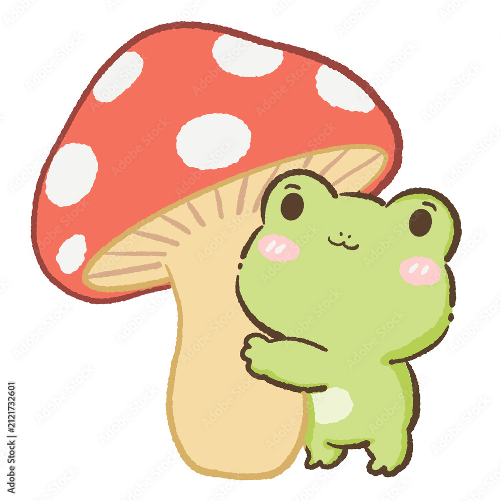 Fototapeta premium Cute Kawaii Chibi Frog Hugging a Giant Fly Agaric Mushroom Cozy Woodland Cottagecore Clipart Illustration