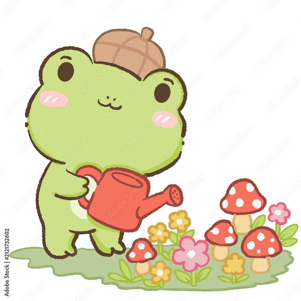 Fototapeta premium Cute Kawaii Chibi Frog Wearing an Acorn Hat Watering a Mushroom Flower Garden Woodland Cottagecore Clipart Illustration
