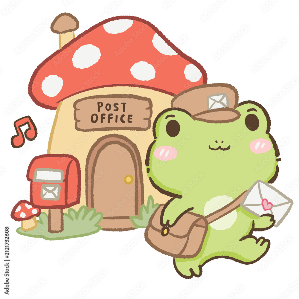 Fototapeta premium Cute Kawaii Chibi Frog Mail Carrier Delivering a Love Letter Outside a Cozy Mushroom Post Office Cottagecore Clipart Illustration